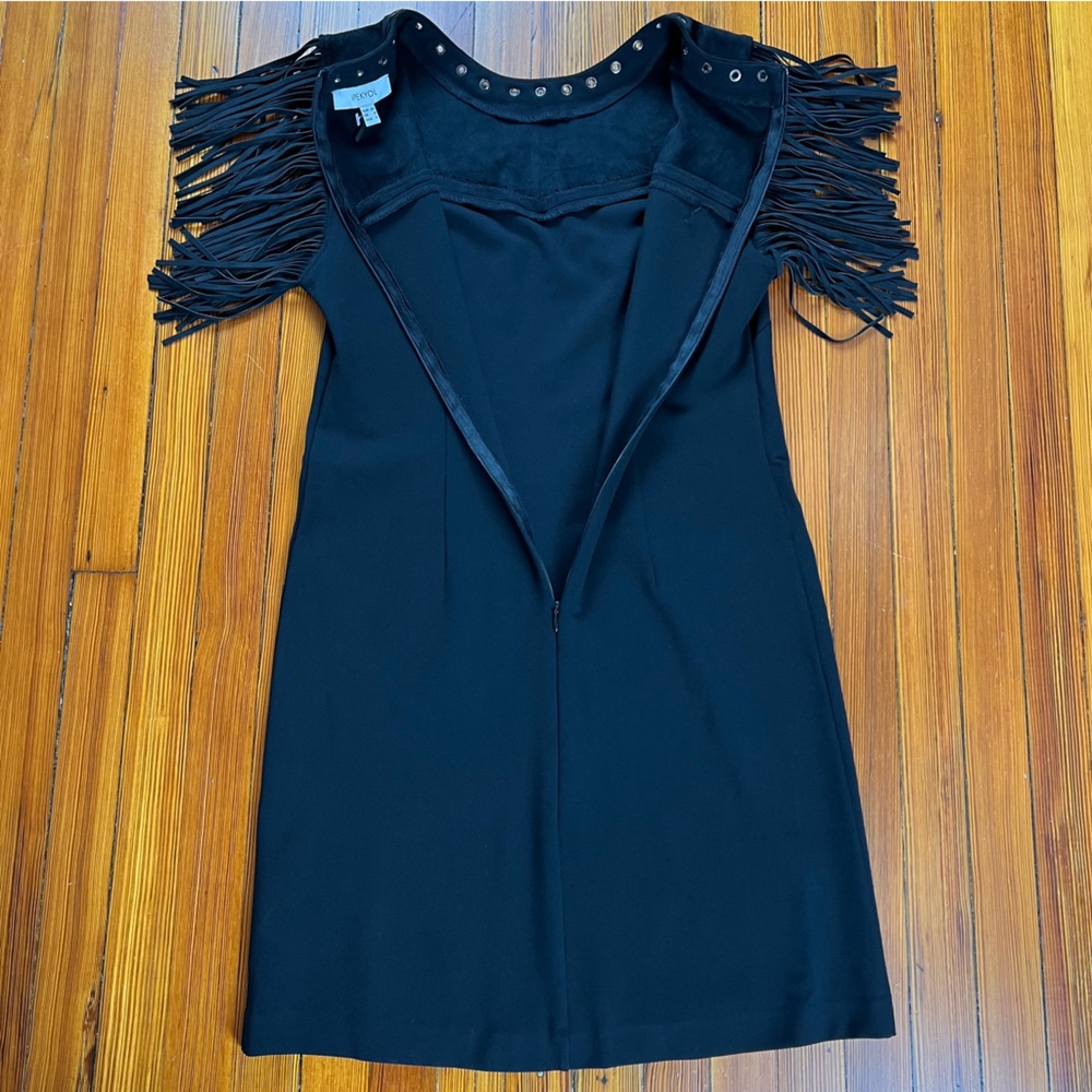 Ipekyol Black Fringe Shoulder Grommet Neck Shift Dress Chic Western Boho Style - Picture 11 of 13